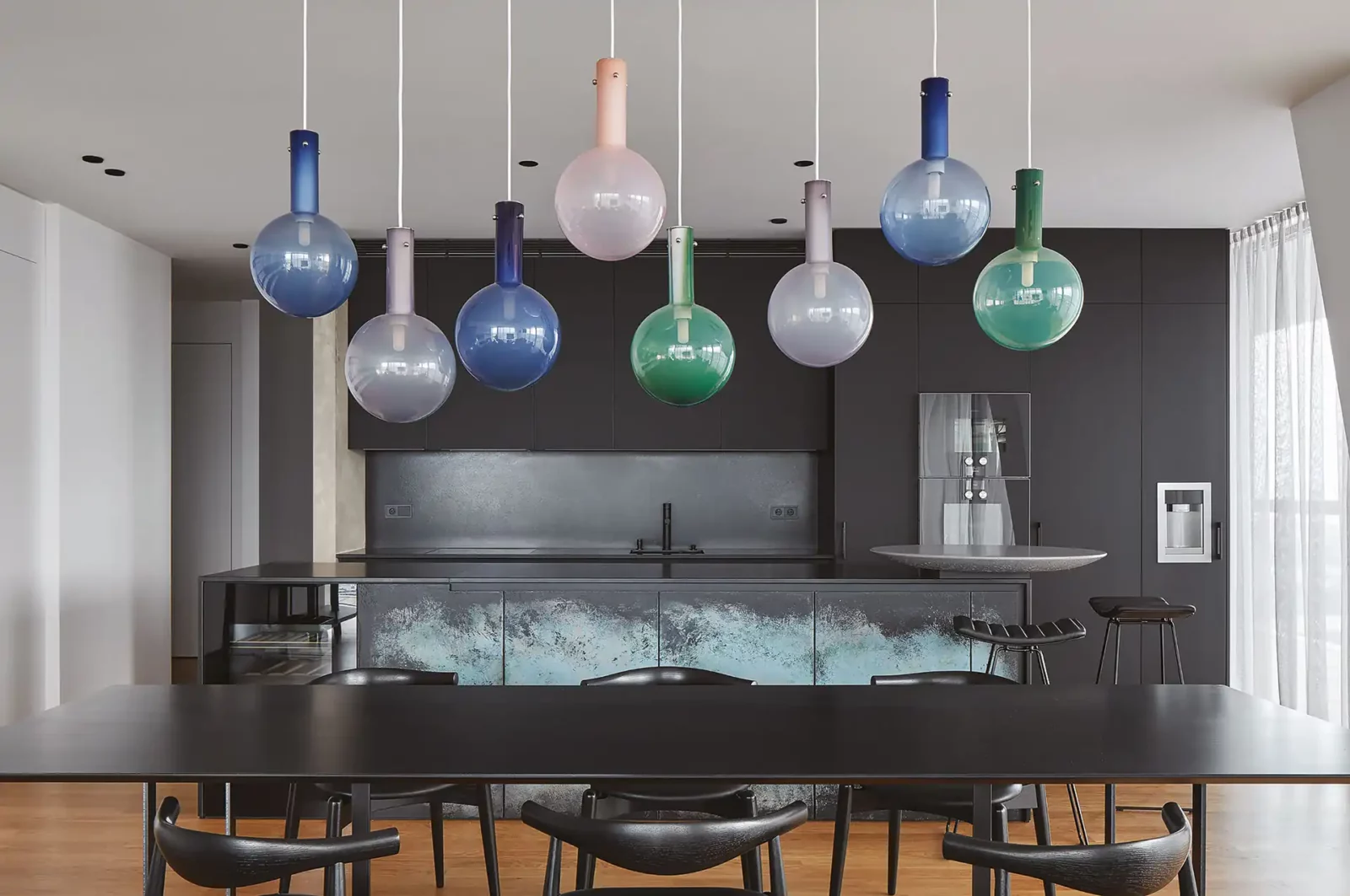 dechem sphaerae light blue violet pink green glass dining table interior