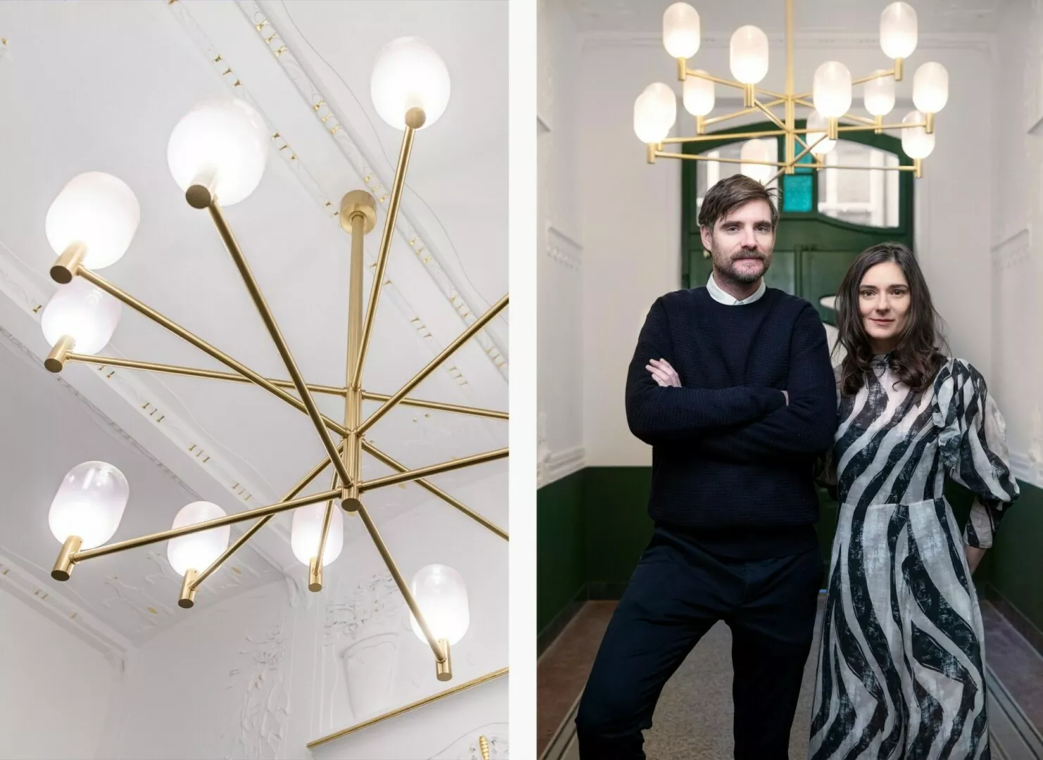 Modern chandelier designs, designers posing in hallway.
