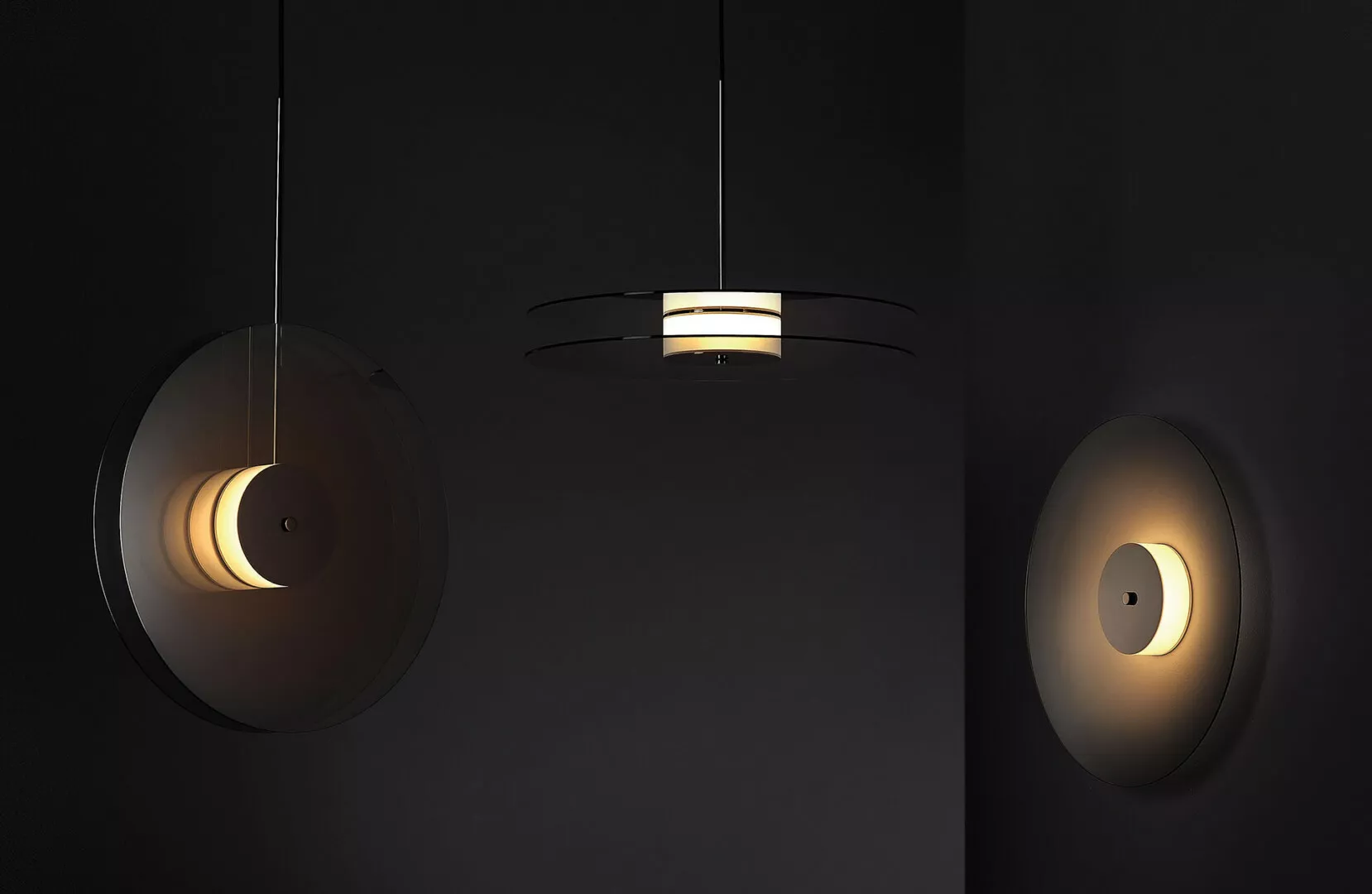 Modern hanging lights in dark room, unique design.