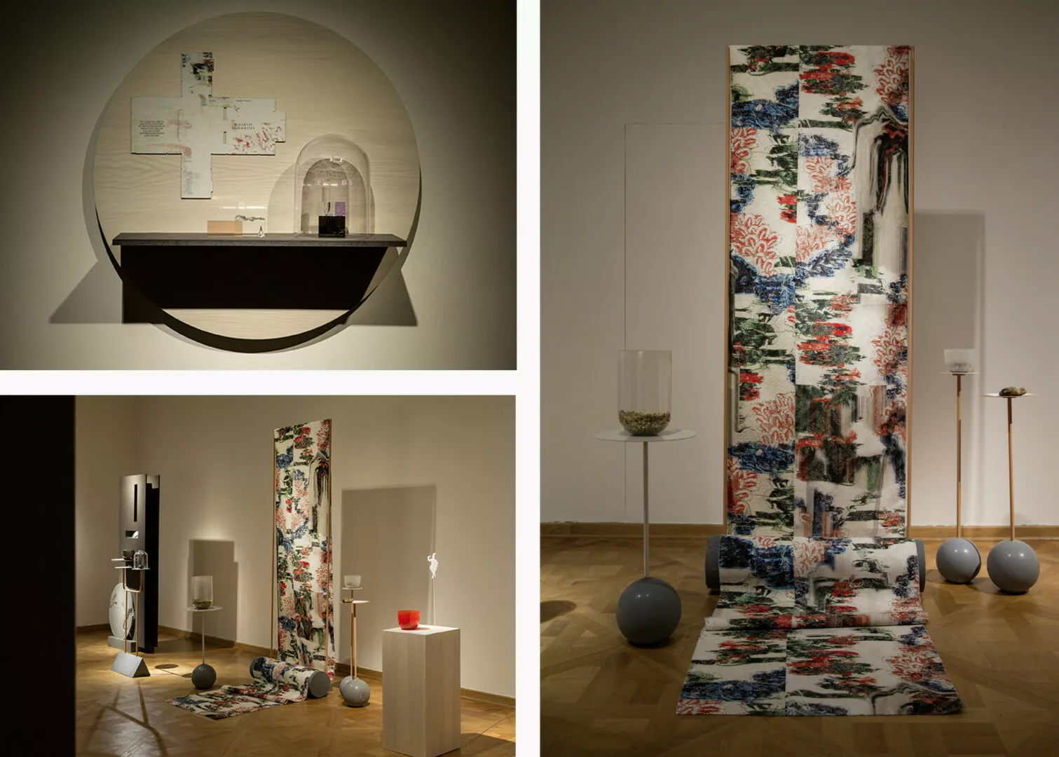 Modern abstract art exhibit with diverse installations.