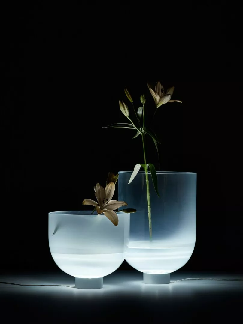 Frosted glass vases with delicate flowers on black background.