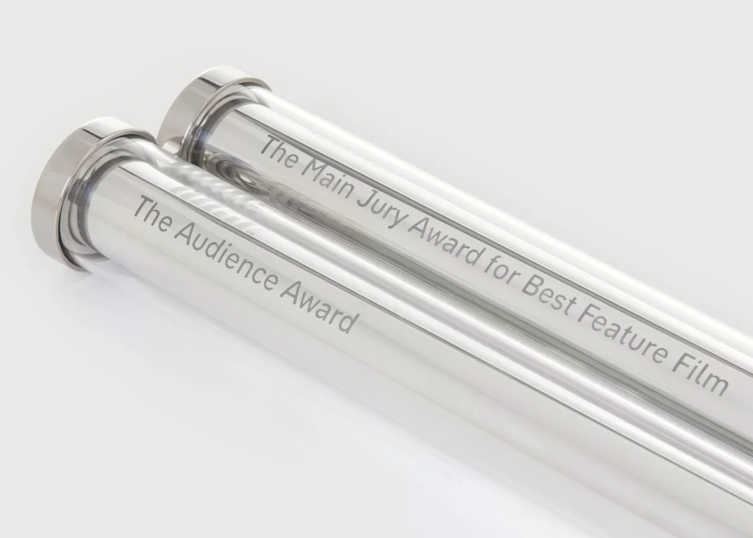 Two engraved film awards on white background.