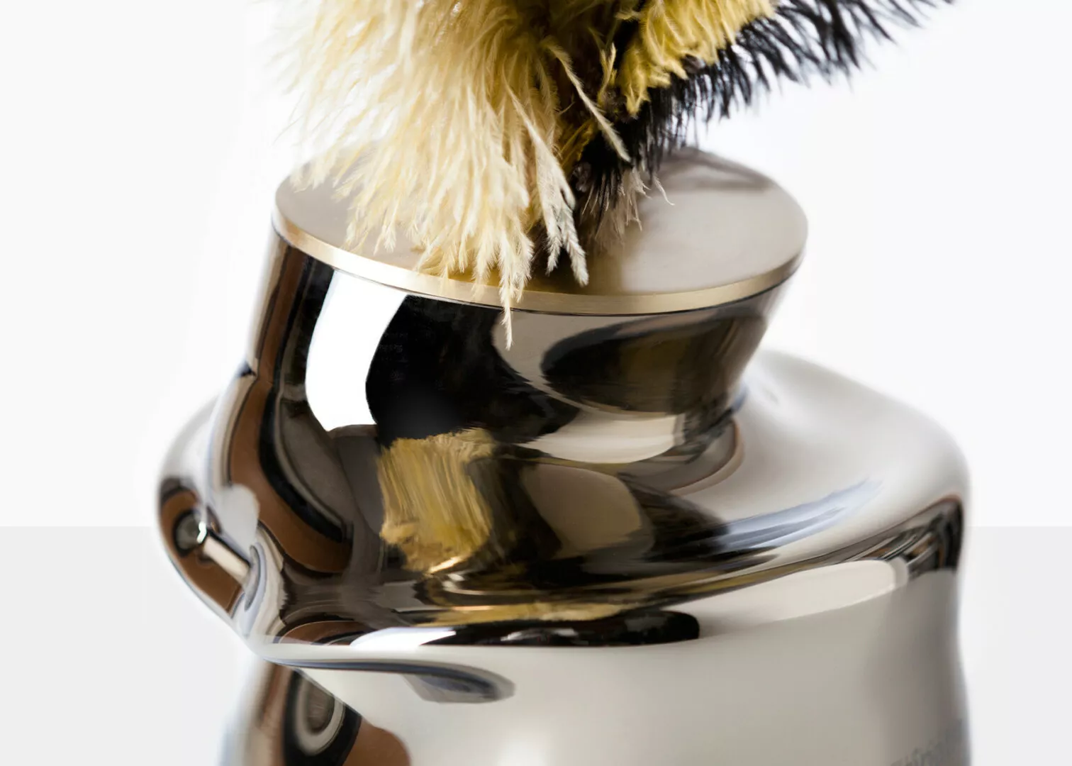 Shiny silver kettle with feather duster cleaning it.