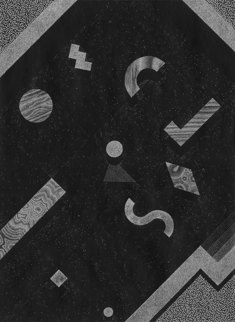 Abstract geometric shapes in black and white space-themed art.