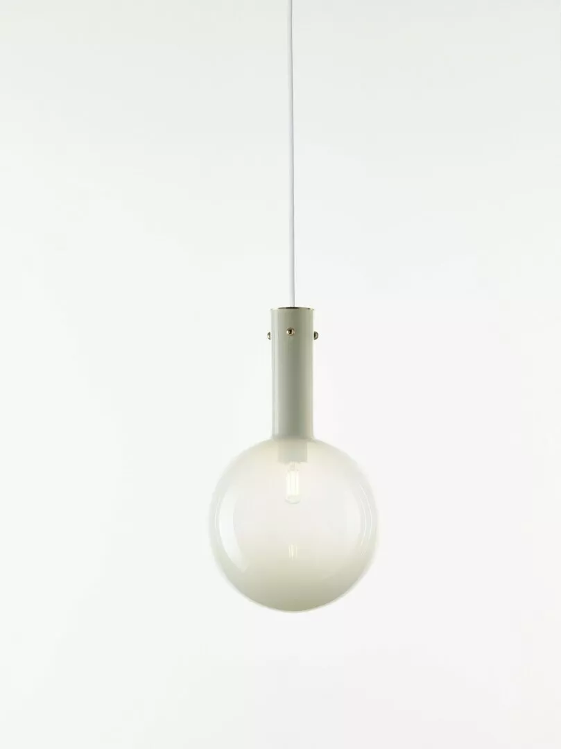 Minimalist white pendant lamp against plain background.