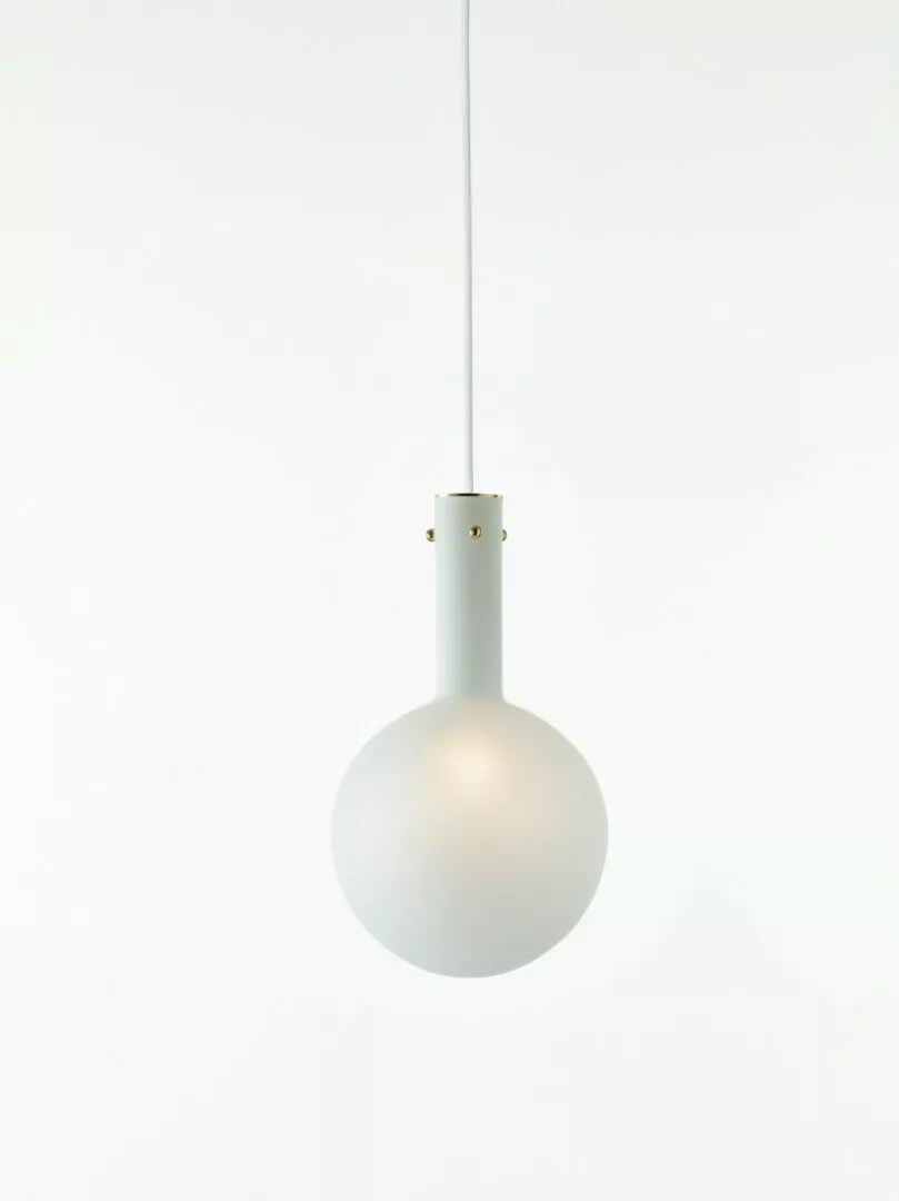 Minimalist white pendant lamp against plain background.