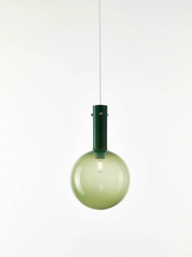 Green hanging pendant lamp with bulb on white background.