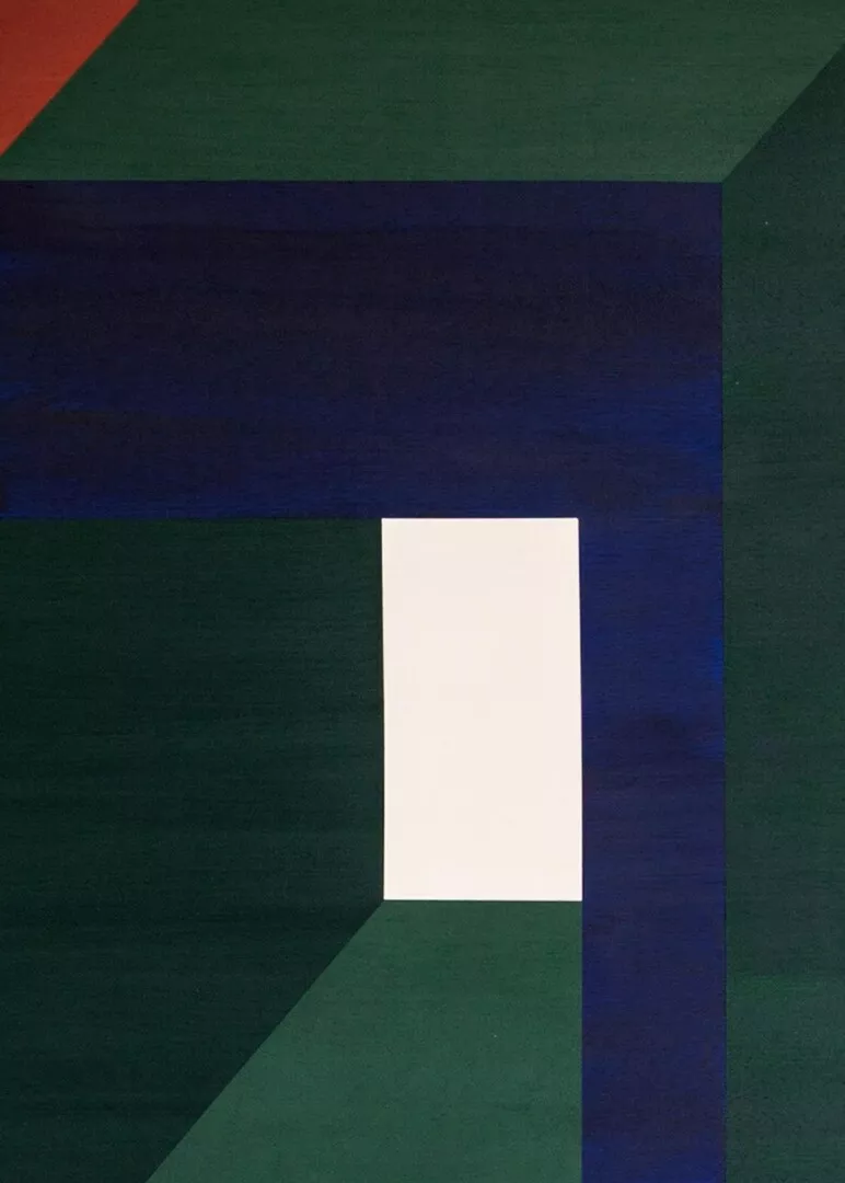 Abstract geometric painting with contrasting colors and shapes.