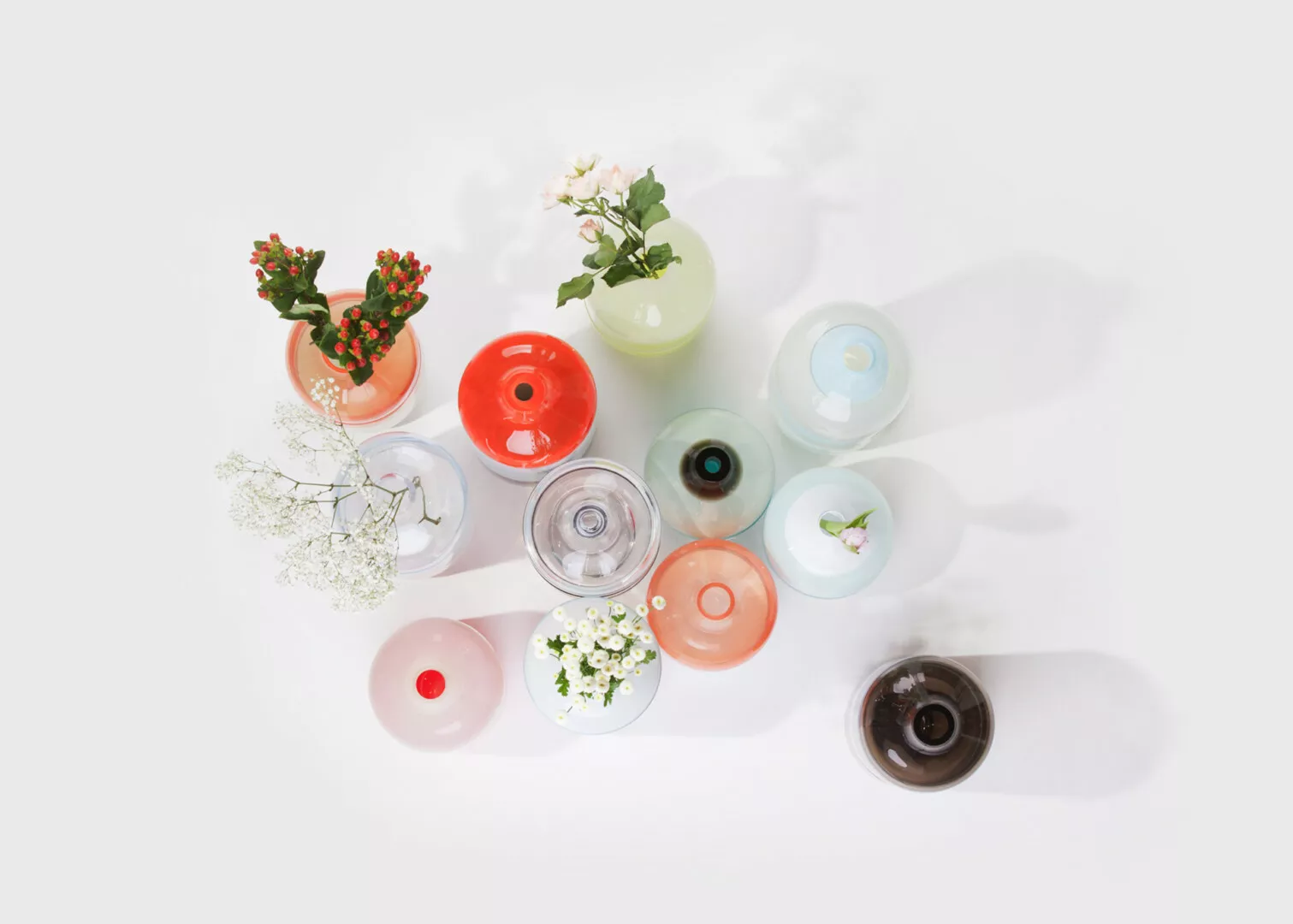 Colorful vases with flowers on white background.