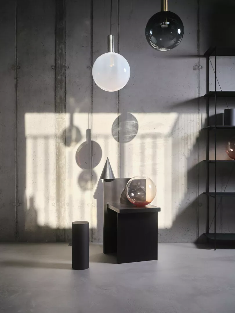 Modern interior with hanging lights and geometric decor.